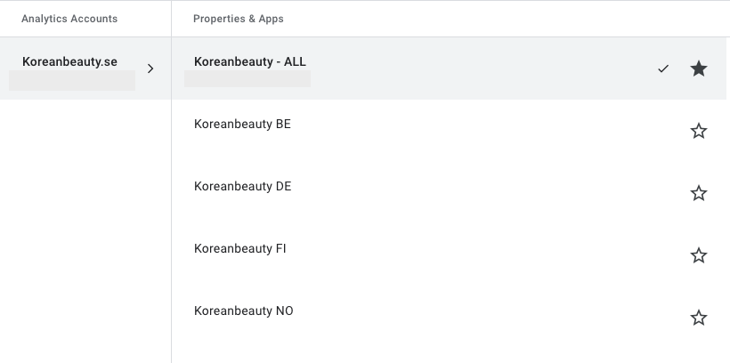 Google Analytics UI som visar account och properties